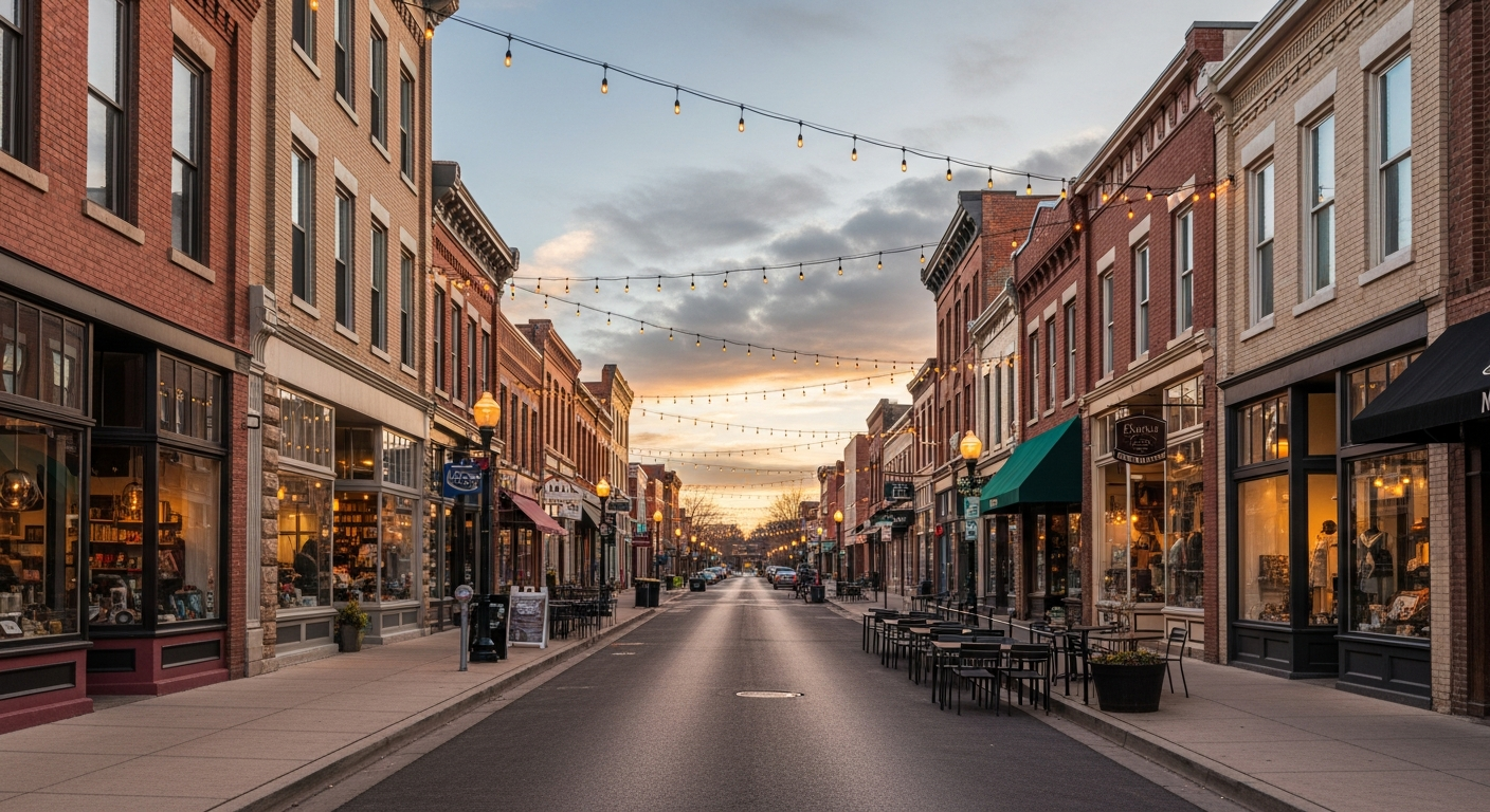 Charming Denver neighborhood main street with brick storefronts, cafes, and warm string lights